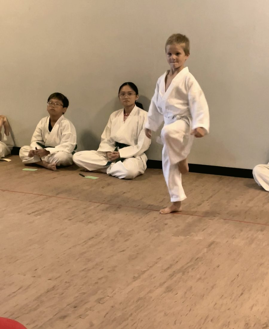 A young student balancing during kids martial arts class