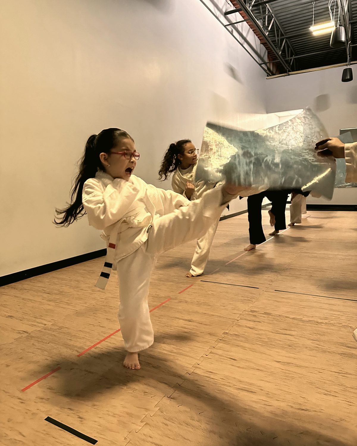 A focused student practicing a martial arts stance