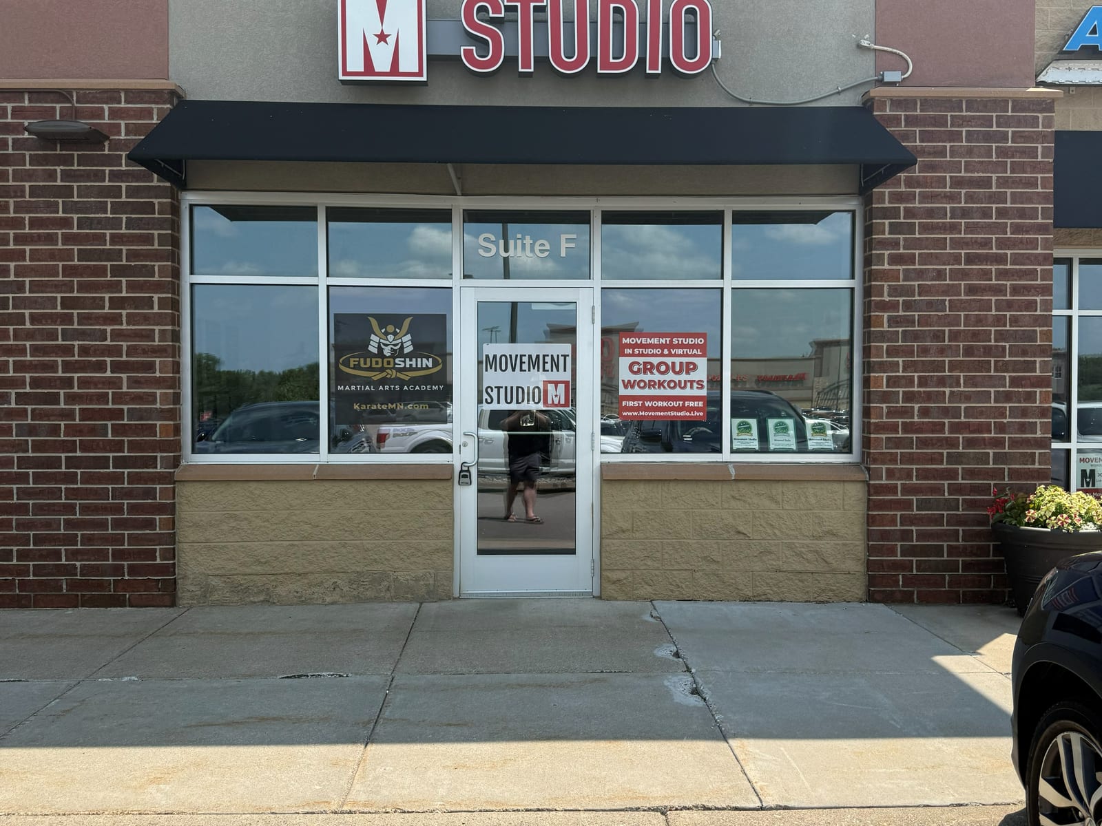 Movement Studio entrance at Suite F with the Fudoshin Martial Arts sign